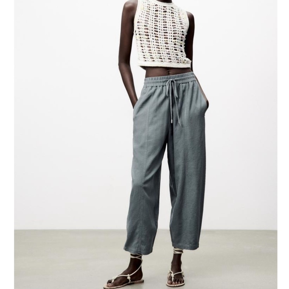 Zara Washed effect light khaki linen blend pants Small